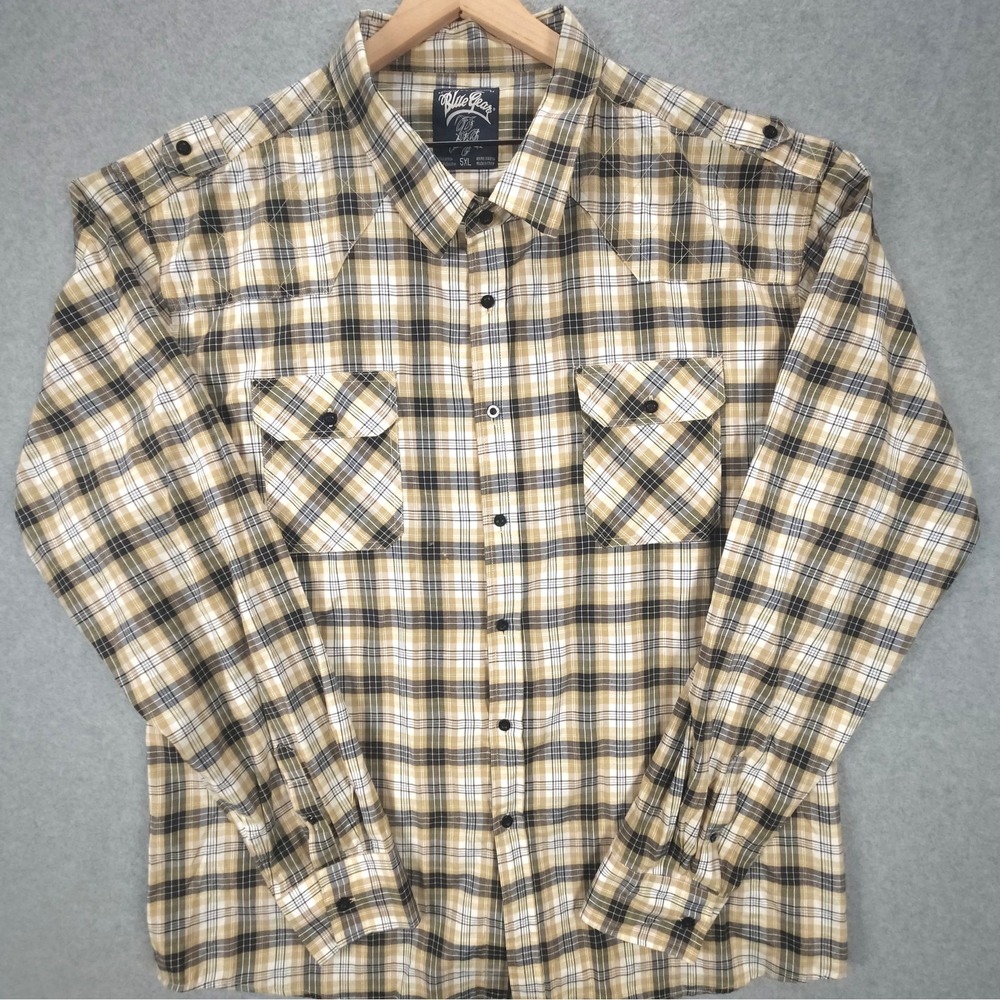 Blue Gear BG Mens 5XL Tan Brown White Plaid Pockets Short Sleeves Lightweight